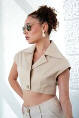 Bej Düğmeli Crop Yelek