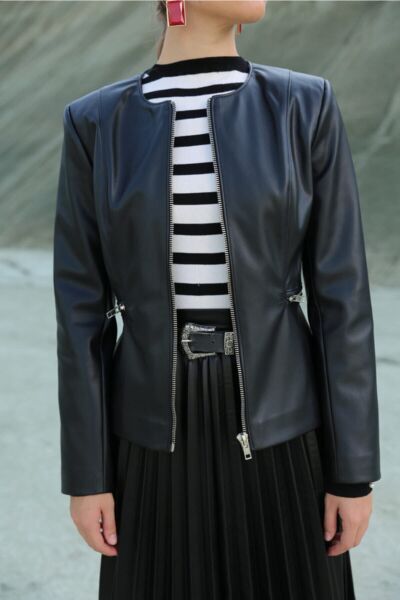 Kadın Siyah İki Cepli Deri Kısa Ceket Siyah - 42