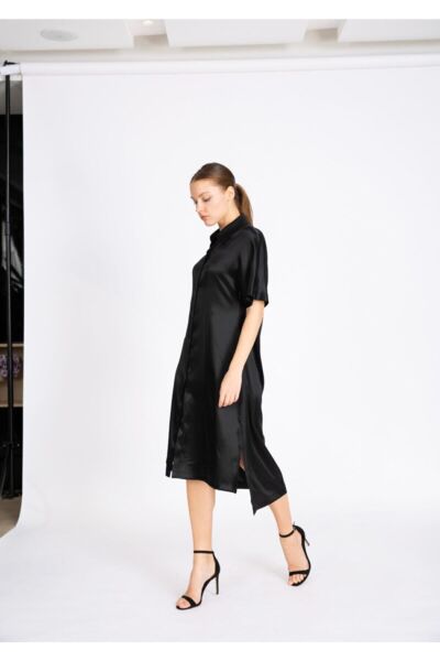 Kadın Siyah Saten Tunik Elbise Siyah - 36
