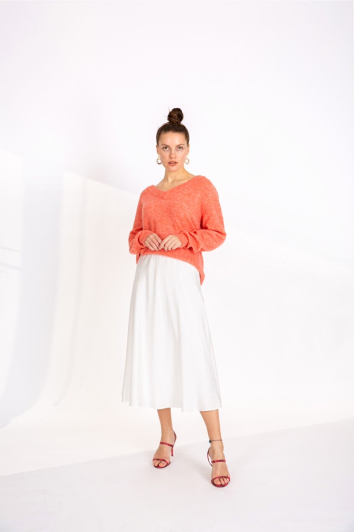 Volanlı Midi Beyaz Etek-2034