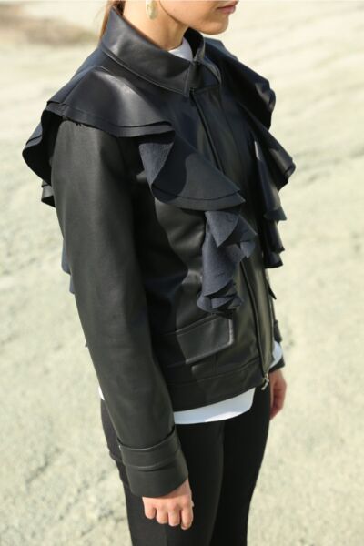 Kadın Deri Fırfır Detaylı Ceket