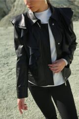 Kadın Deri Fırfır Detaylı Ceket Siyah - 42