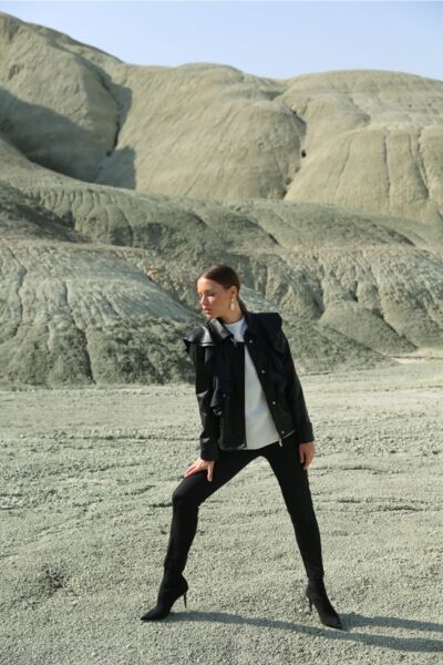 Kadın Deri Fırfır Detaylı Ceket Siyah