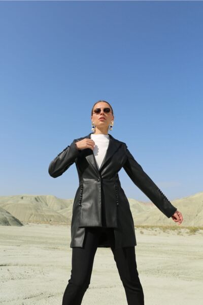 Deri Asimetrik Ceket Siyah - 40