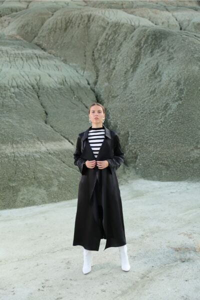 Kadın Siyah Saten Trençkot