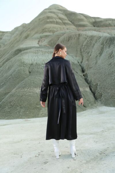 Kadın Siyah Saten Trençkot Siyah - 38