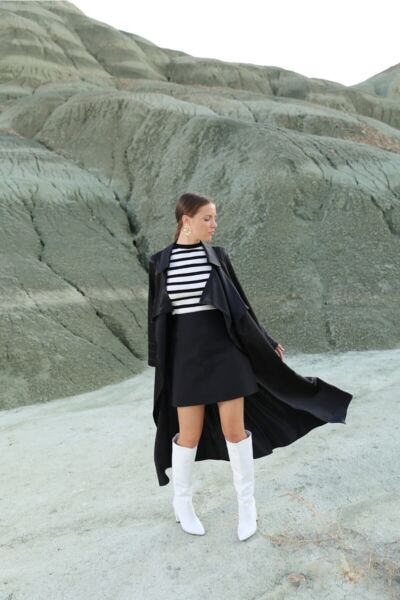 Kadın Siyah Saten Trençkot Siyah - 38