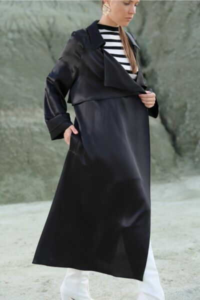 Kadın Siyah Saten Trençkot Siyah - 38