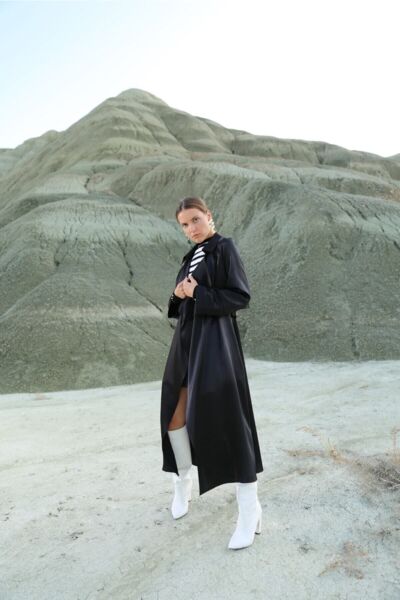 Kadın Siyah Saten Trençkot Siyah - 40