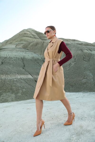 Kadın Taba Kolsuz Trençkot Taba - 40