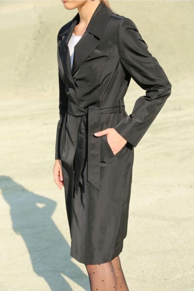 Kadın Siyah Kumaş Trençkot Siyah - 38