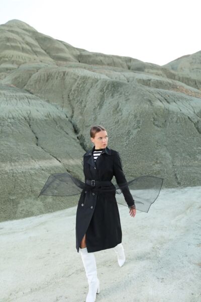 Tül Detaylı Siyah Trençkot Siyah - 40