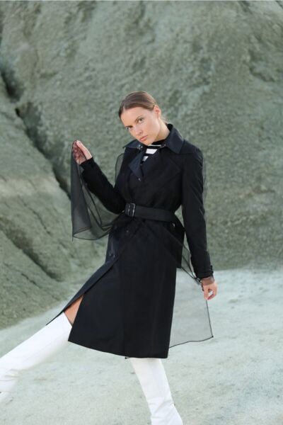 Tül Detaylı Siyah Trençkot Siyah - 42