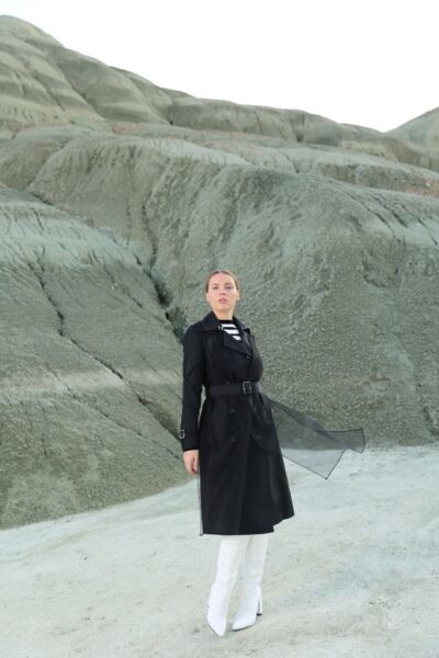 Tül Detaylı Siyah Trençkot Siyah - 42