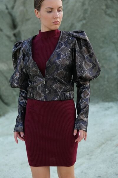 Yılan Derisi Desenli Deri Ceket