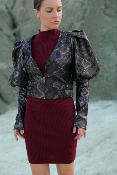 Yılan Derisi Desenli Deri Ceket Siyah - 38