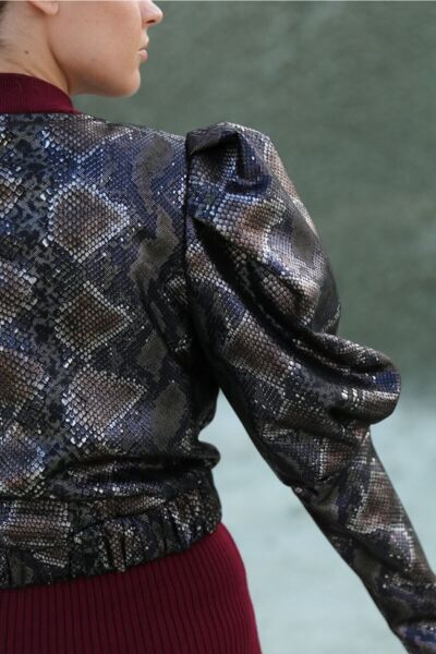 Yılan Derisi Desenli Deri Ceket Siyah - 38