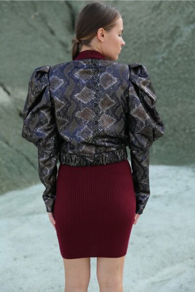 Yılan Derisi Desenli Deri Ceket Siyah - 40