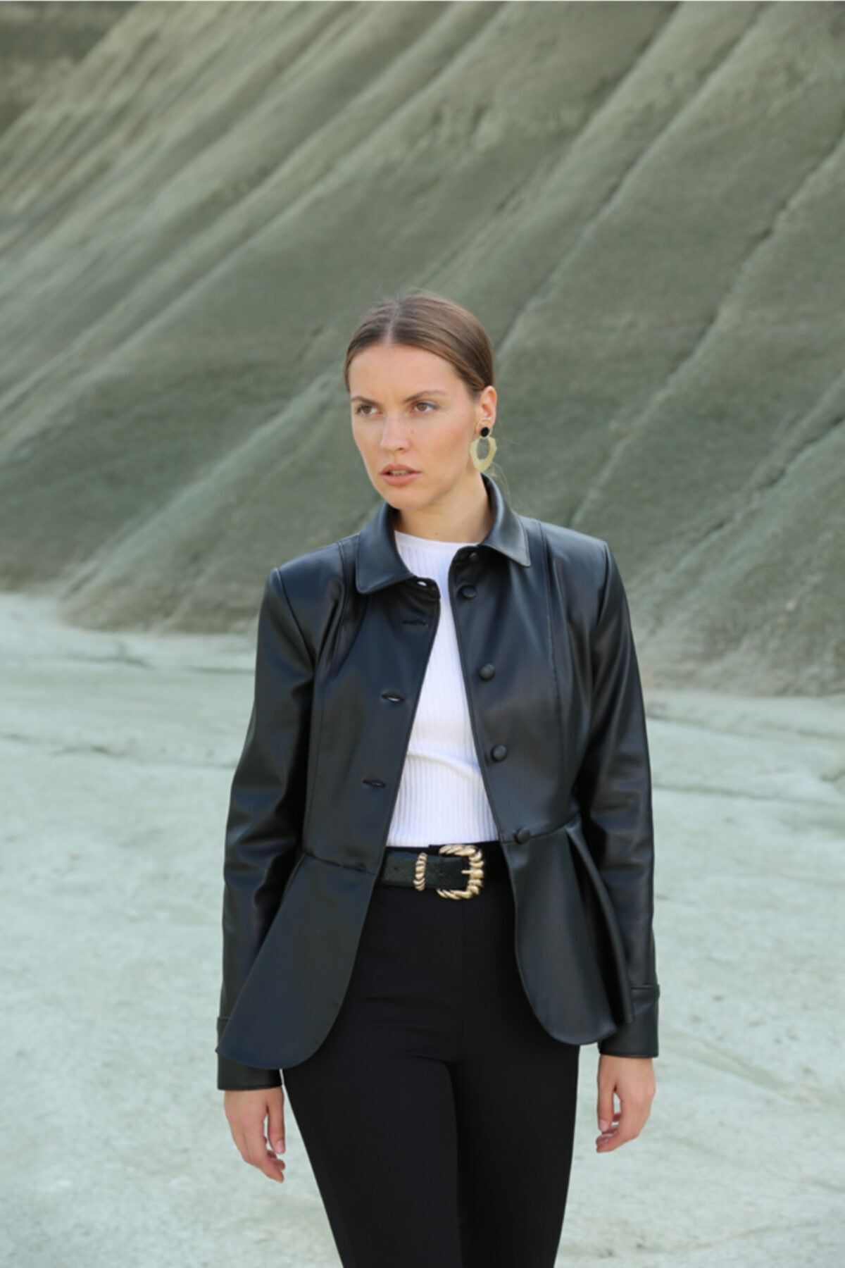 Kadın Siyah Deri Gömlek