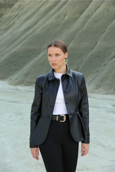 Kadın Siyah Deri Gömlek