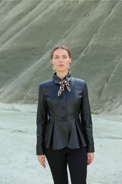 Kadın Siyah Deri Gömlek