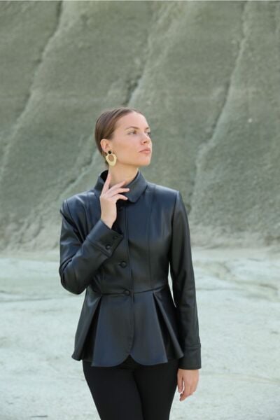 Kadın Siyah Deri Gömlek