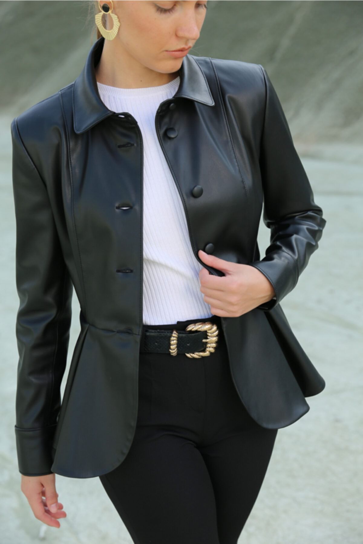 Kadın Siyah Deri Gömlek Siyah - 42