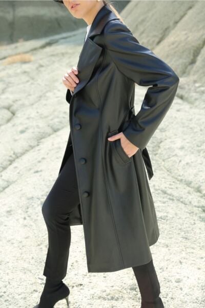 Deri Düğme Detaylı Trençkot