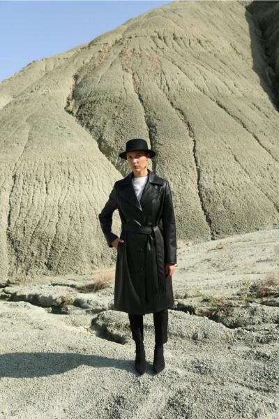 Deri Düğme Detaylı Trençkot Siyah - 42