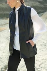 Kadın Siyah Fermuarlı Deri Yelek