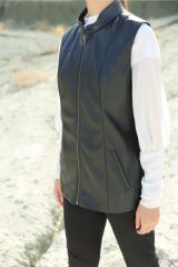 Kadın Siyah Fermuarlı Deri Yelek Siyah