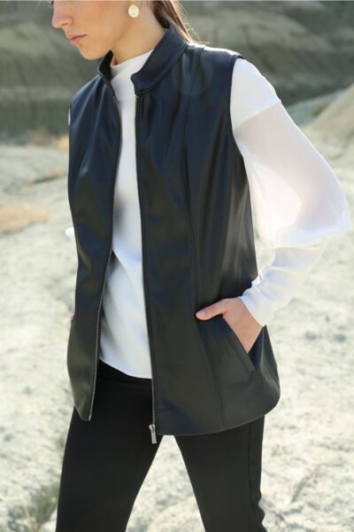 Kadın Siyah Fermuarlı Deri Yelek Siyah - 40