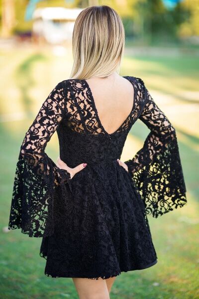 Siyah Dantel Elbise-2137 Siyah - 36