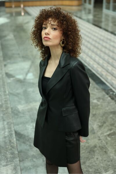 Kahverengi Blazer Deri Ceket Siyah - 40