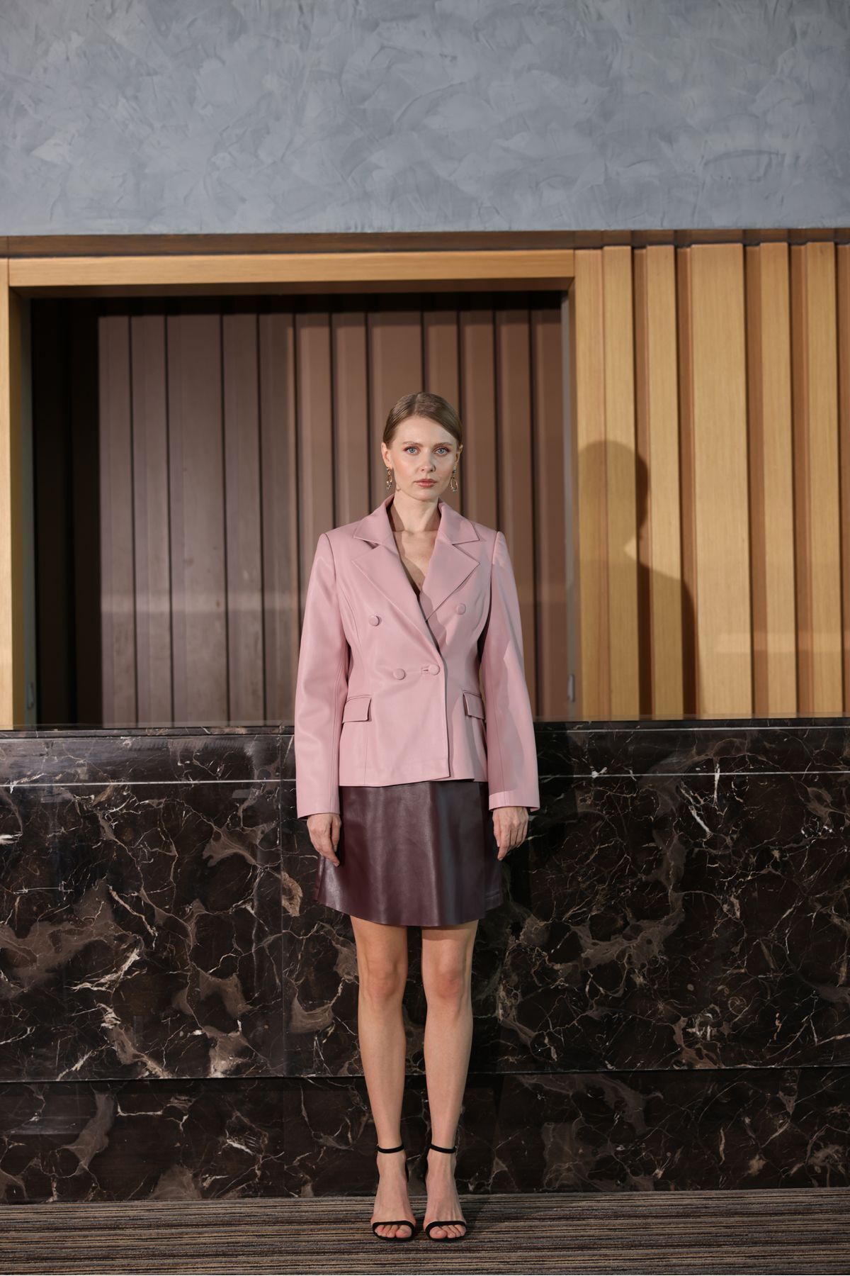 Kahverengi Blazer Deri Ceket Pembe - 40