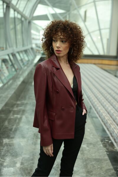 Kısa Blazer Deri Ceket Bordo - 42