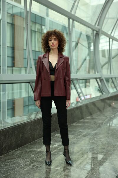 Kısa Blazer Deri Ceket Bordo - 42