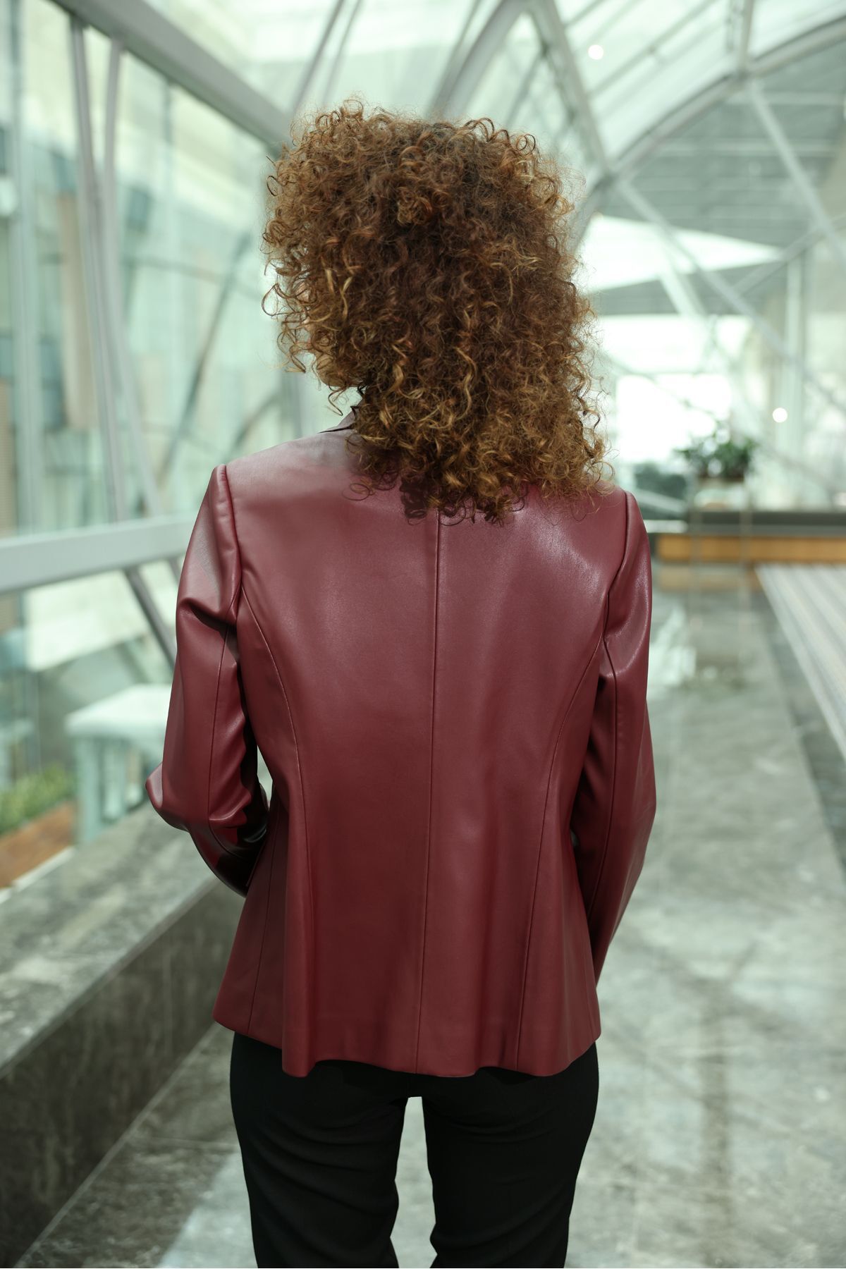 Kısa Blazer Deri Ceket Bordo - 40