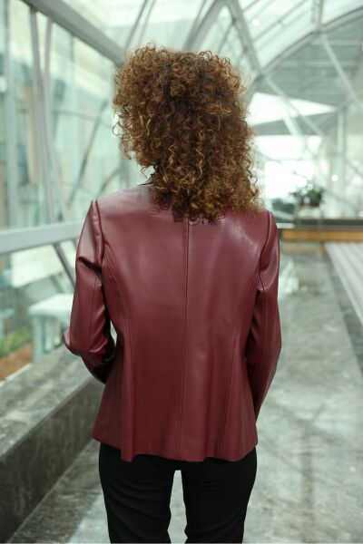 Kısa Blazer Deri Ceket Bordo - 40