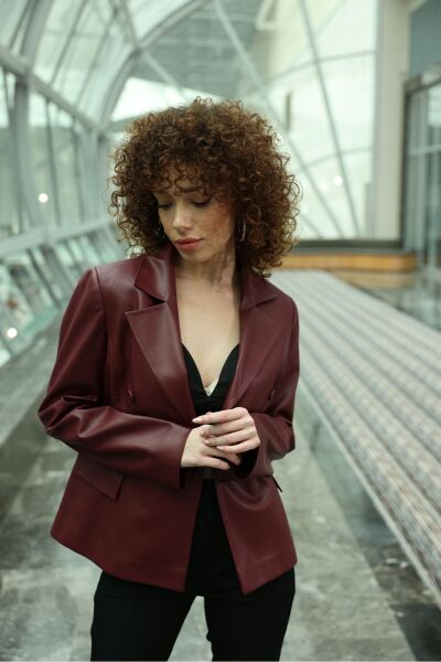 Kısa Blazer Deri Ceket Bordo - 40