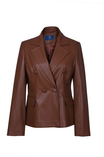 Kısa Blazer Deri Ceket Kahverengi - 36