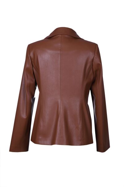 Kısa Blazer Deri Ceket Kahverengi - 40