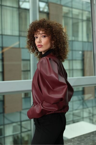 Prenses Kol Deri Ceket Bordo