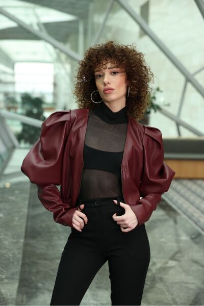 Prenses Kol Deri Ceket Bordo - 38