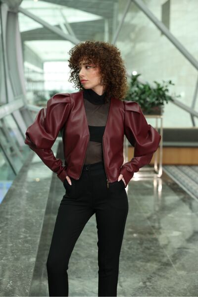 Prenses Kol Deri Ceket Bordo - 40
