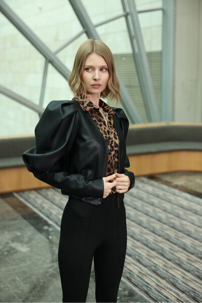 Prenses Kol Deri Ceket Siyah - 42