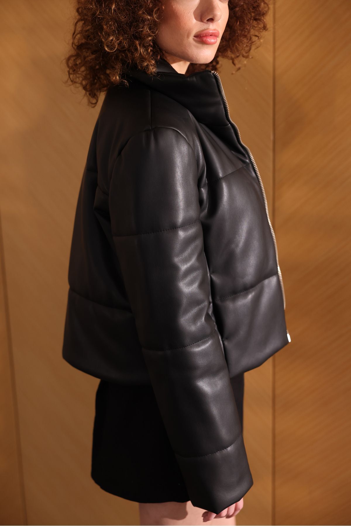 Deri Şişme Mont Siyah - 38