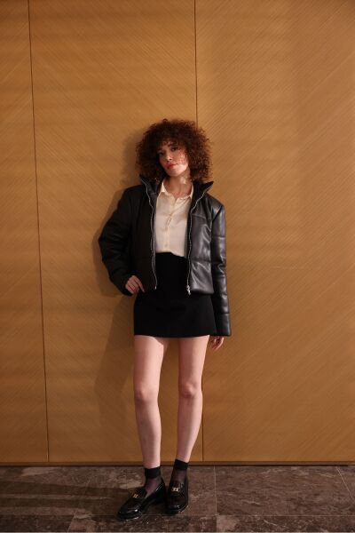 Deri Şişme Mont Siyah - 38