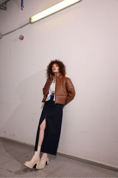 Deri Şişme Mont Kahverengi - 40