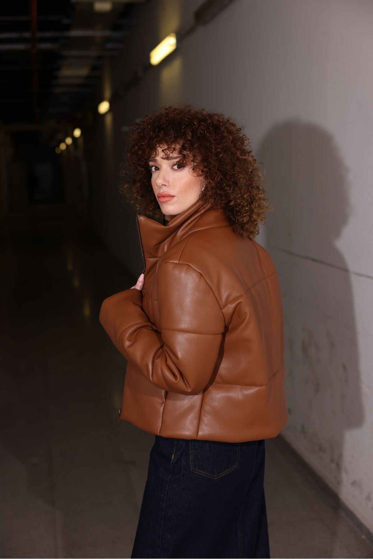 Deri Şişme Mont Kahverengi - 36